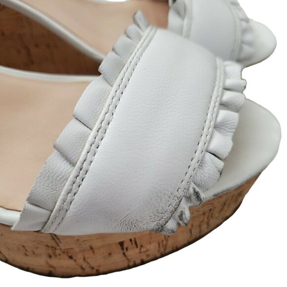 Kate Spade Tomas Wedges Sandals 8.5 White Cork Platform‎ Heel Leather Open-Toe - Picture 7 of 12
